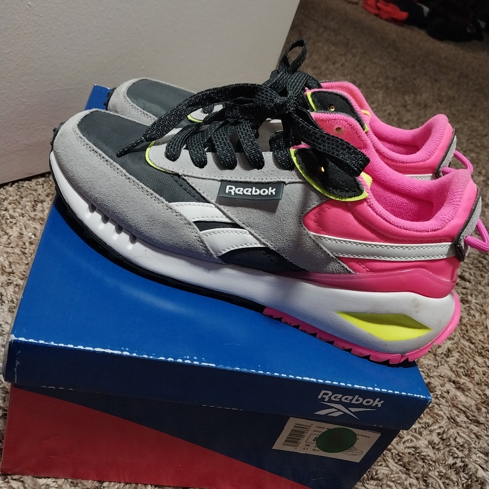 Womens Reebok Gray, Neon Yellow & Pink Sneakers